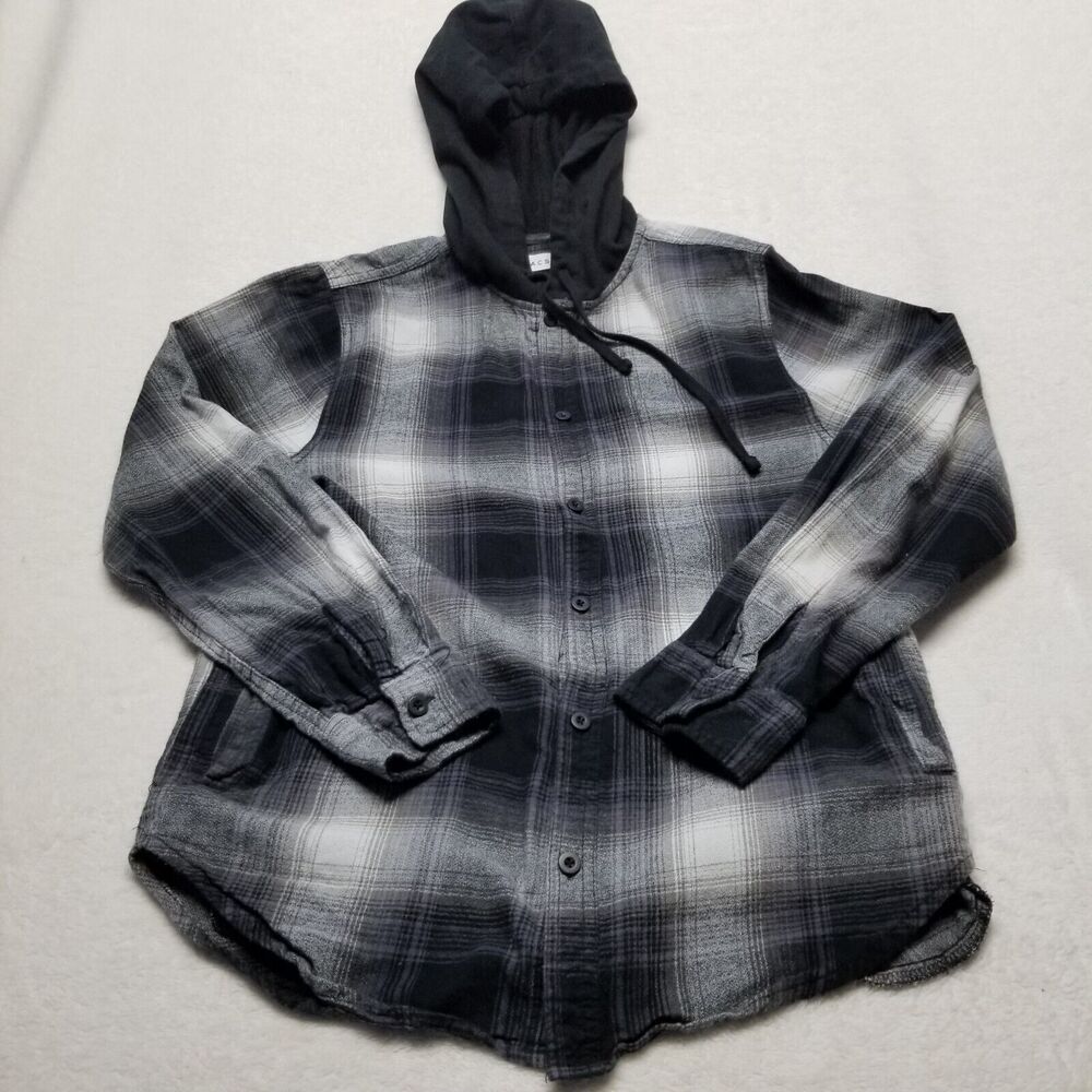 PacSun Black and White Plaid Button-Down Hoodie Shirt